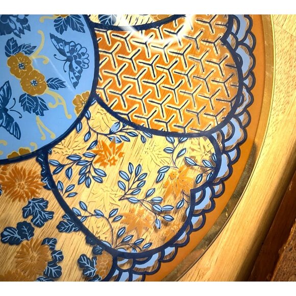 Large Glass Serving Plate w/ Blue Butterflies & Orange Flowers Asian Inspired - Picture 5 of 8